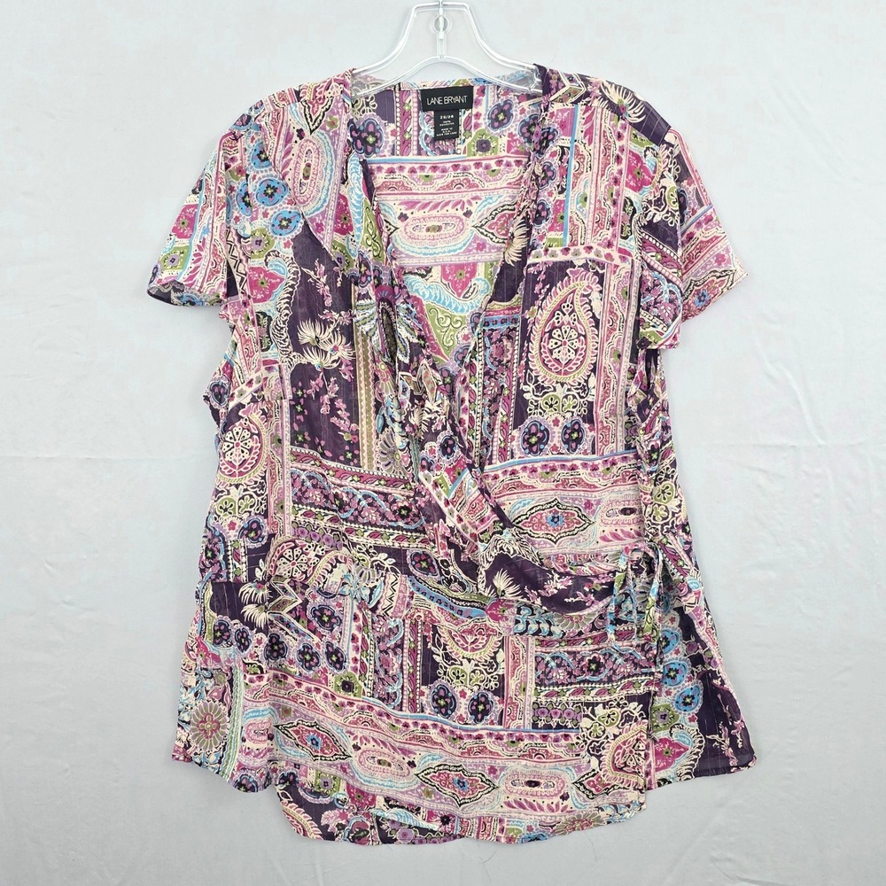 Lane Bryant Wrap V-Neck‎ Ruffle Print Multicolor Short Sleeve Top 26/28